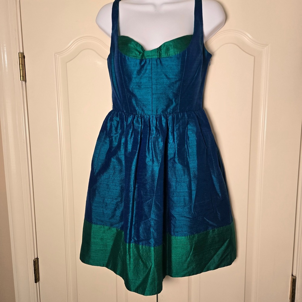 Phoebe Couture Silk Fit & Flare Dress Teal Green Bow Back Cutout Pockets Sz 4